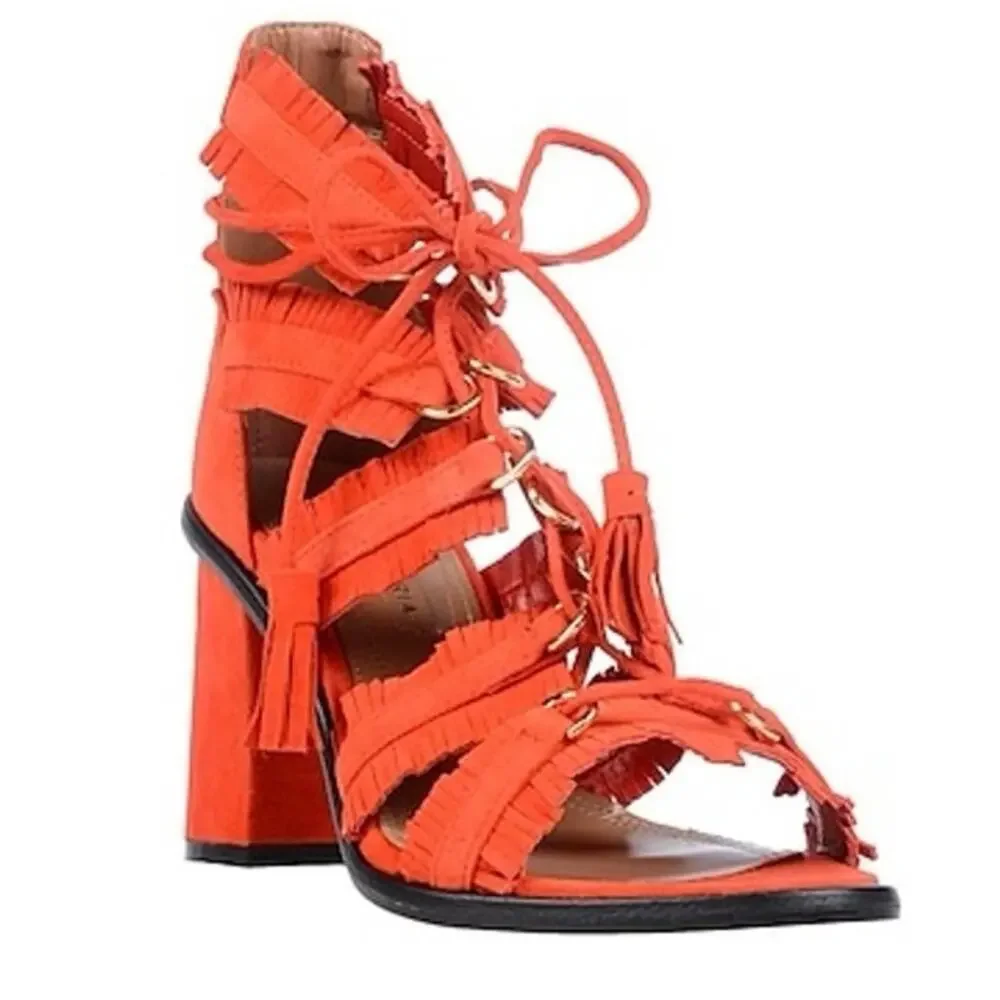 BCBGMAXAZRIA Gladiator Sandals Lace Up Tassel Suede Heels US 6.5 / Euro 36.5 New